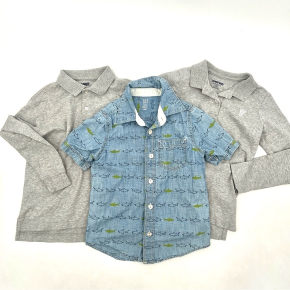 Boy's Bundle 2 Gray Long Sleeve Tops & 1 Short Sleeve Shark Button Down Size 5-6 - Picture 1 of 12